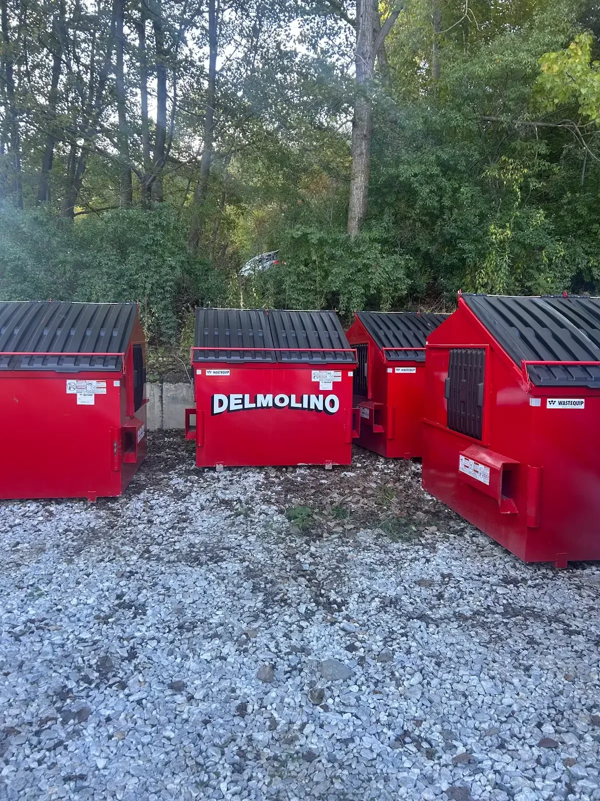 Red Delmolino & Sons front-load dumpsters with black lids