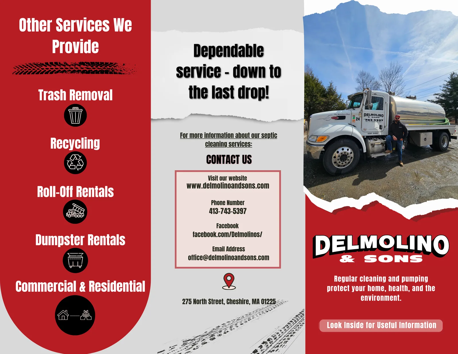 Delmolino & Sons team member beside a white septic pumping truck